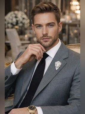 Men’s Art Deco Crystal Brooch Silver Baguette Statement Pin